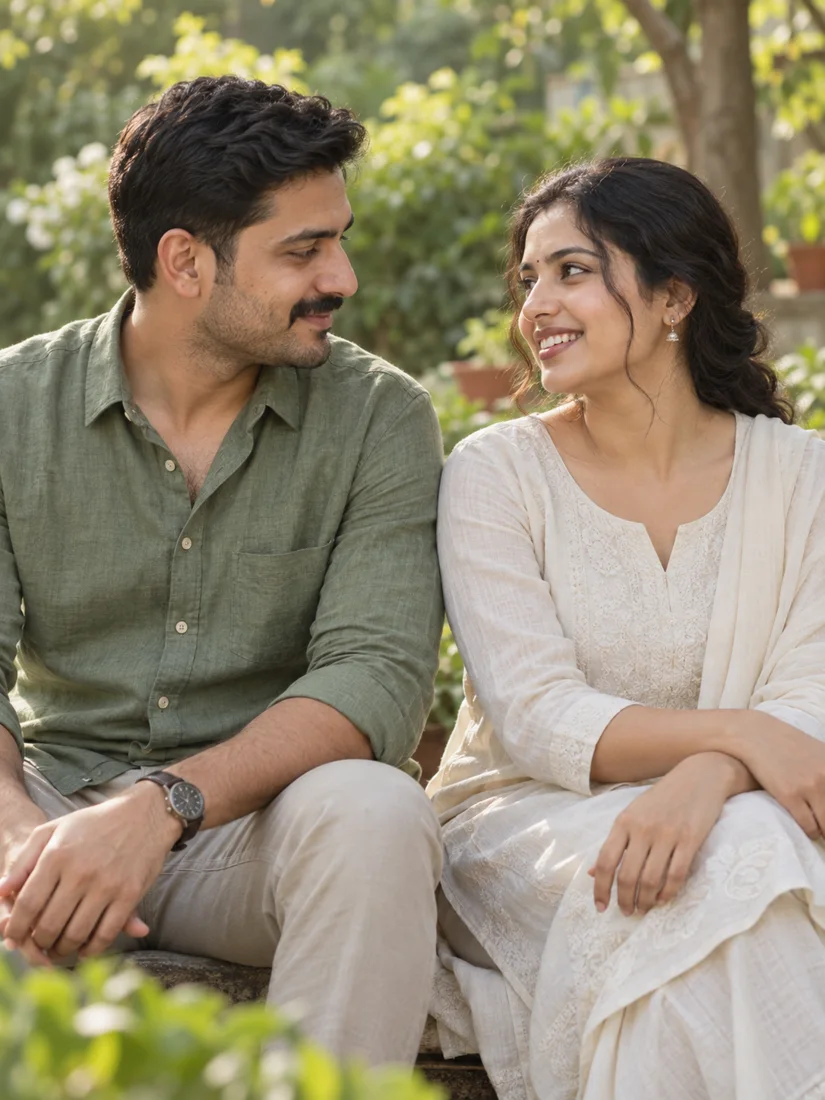 Illustrative photograph of a couple talking together in a garden