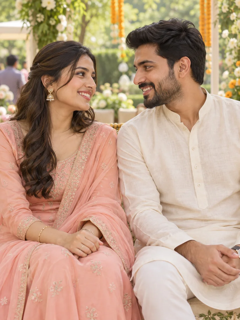 Illustrative photograph of a couple sharing a happy moment at an engagement celebration