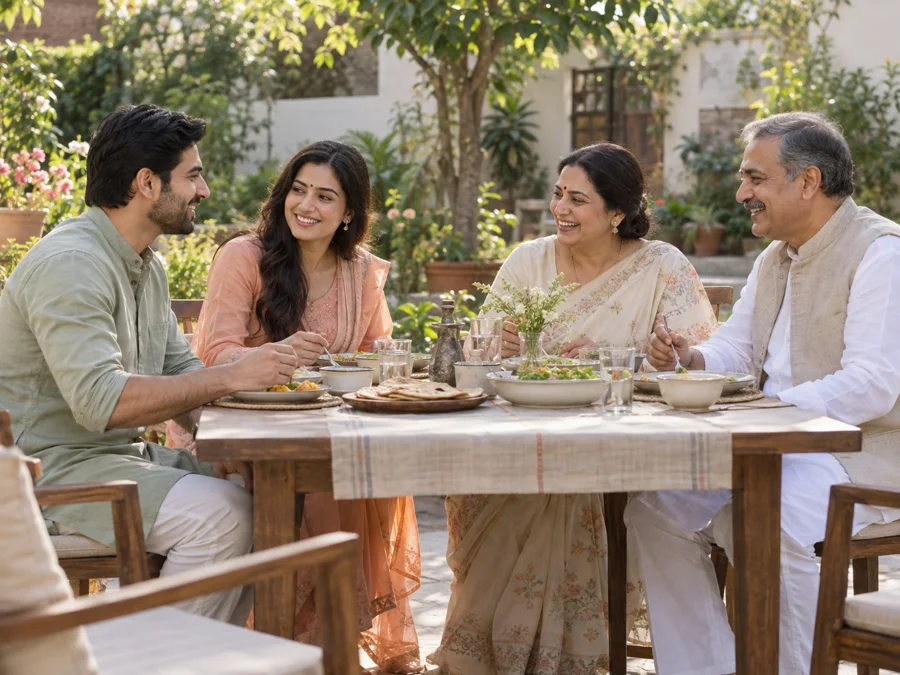 Illustrative photograph of a family enjoying a meal together